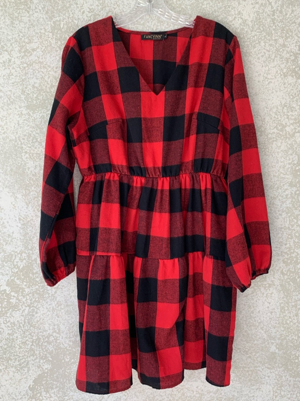 Fancyinn Red & Black Plaid Long Sleeve Tiered Dress Holiday Christmas Soft